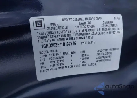 2001 Oldsmobile Silhouette Gls W/Abc Seats from USA, damaged, VIN 1GHDX03E71D137736